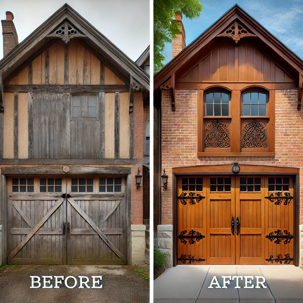 A side-by-side comparison of a Castle Hill heritage home garage renovation. The left side shows weathered wooden barn doors with faded paint and visible aging, while the right side displays restored carriage-style doors with the same classic aesthetic but improved functionality, featuring rich timber, ornate iron hardware, and a polished finish.