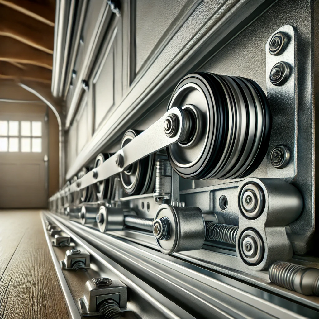 Close-up of a garage door's steel roller wheels and track mechanism
