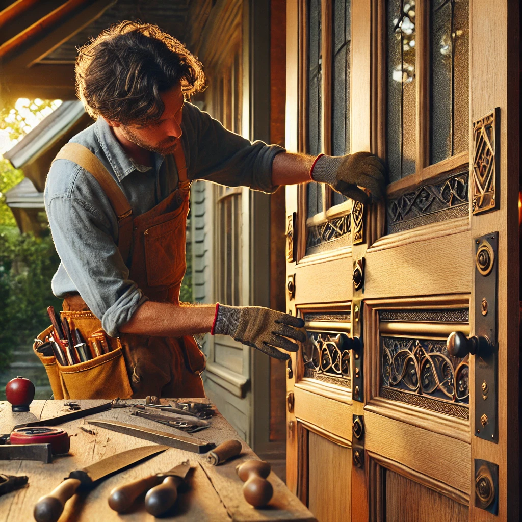 A skilled craftsman installing custom heritage-style garage door components on a 1920s Castle Hill home. He carefully aligns ornate timber panels and vintage-style iron hardware while wearing work gloves and a tool belt. A workbench in the background displays a mix of traditional woodworking tools and modern power tools, showcasing the blend of classic craftsmanship and contemporary techniques.