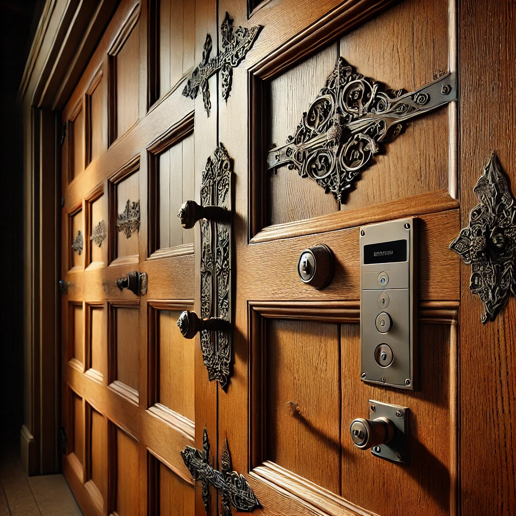 A close-up of a heritage-style garage door made of rich timber, featuring ornate vintage-style iron handles and decorative hinges. The image highlights the contrast between authentic period details and a concealed modern locking system, blending classic aesthetics with contemporary security.