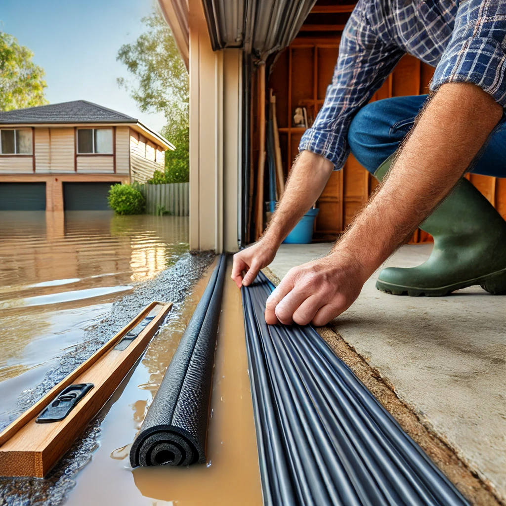 A detailed image of a worker installing garage door bottom seals and weatherstripping for flood protection. The worker's hands carefully fit the durable rubber seals to ensure a tight, secure fit. In the background, floodwaters from the Nepean River are visible, emphasizing the importance of these protective measures for homes in Penrith.