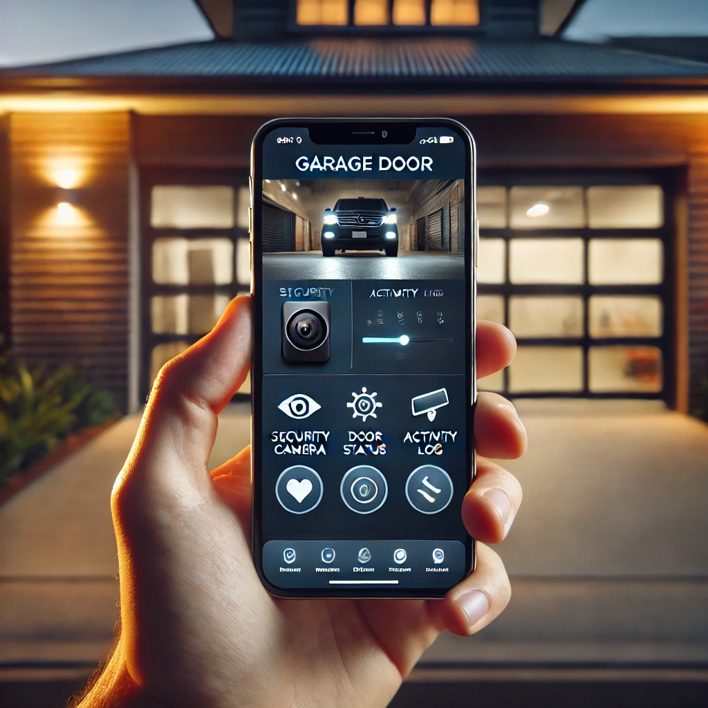 A first-person perspective of a hand holding a smartphone displaying a modern garage door app interface. The app screen shows a security camera feed, door status, activity log, and control buttons. In the blurred background, a garage door is visible in a contemporary Australian home setting. The scene is illuminated by warm evening lighting, enhancing the smart home atmosphere.