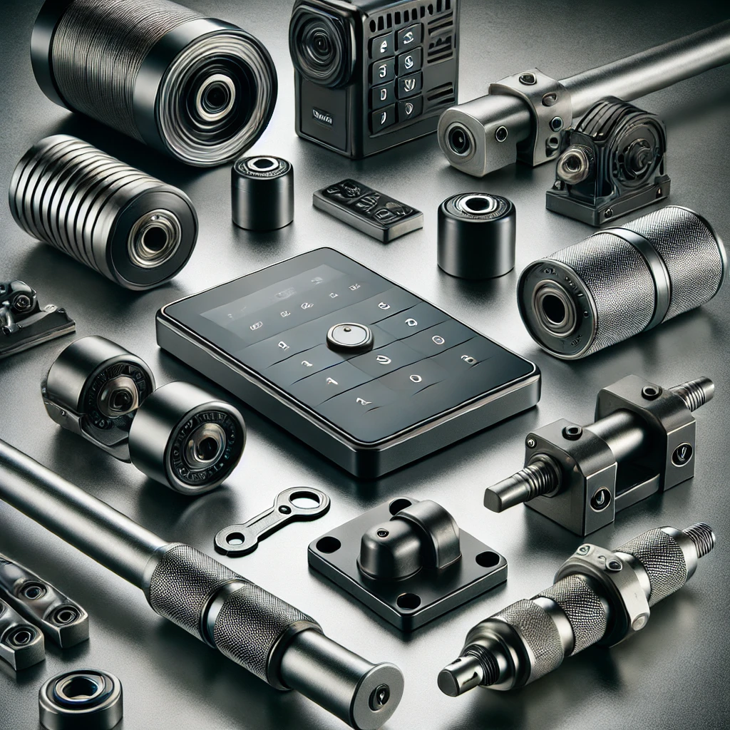 Assortment of garage door security hardware including a keypad, rollers, sensors and mounting brackets