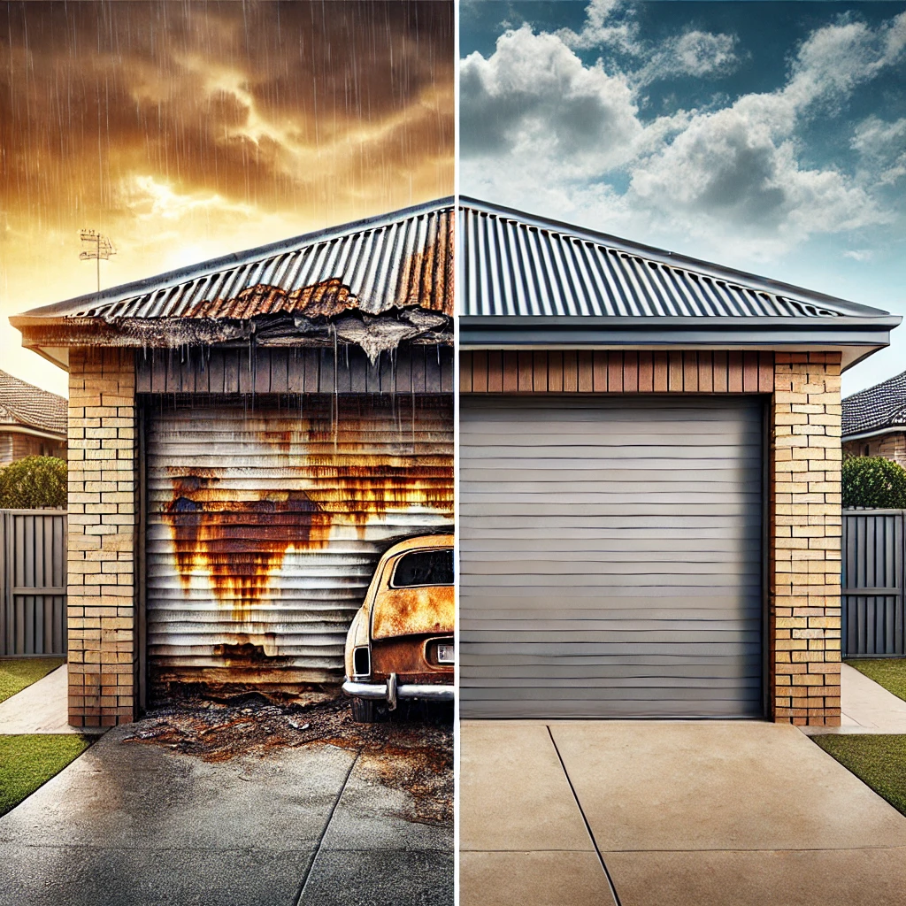 Split image comparing a rusted, storm-damaged garage roller door with a well-maintained garage under a clear sky
