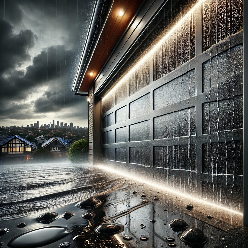 Sealed garage door with illuminated edge lighting shielding the entry from heavy rain at night