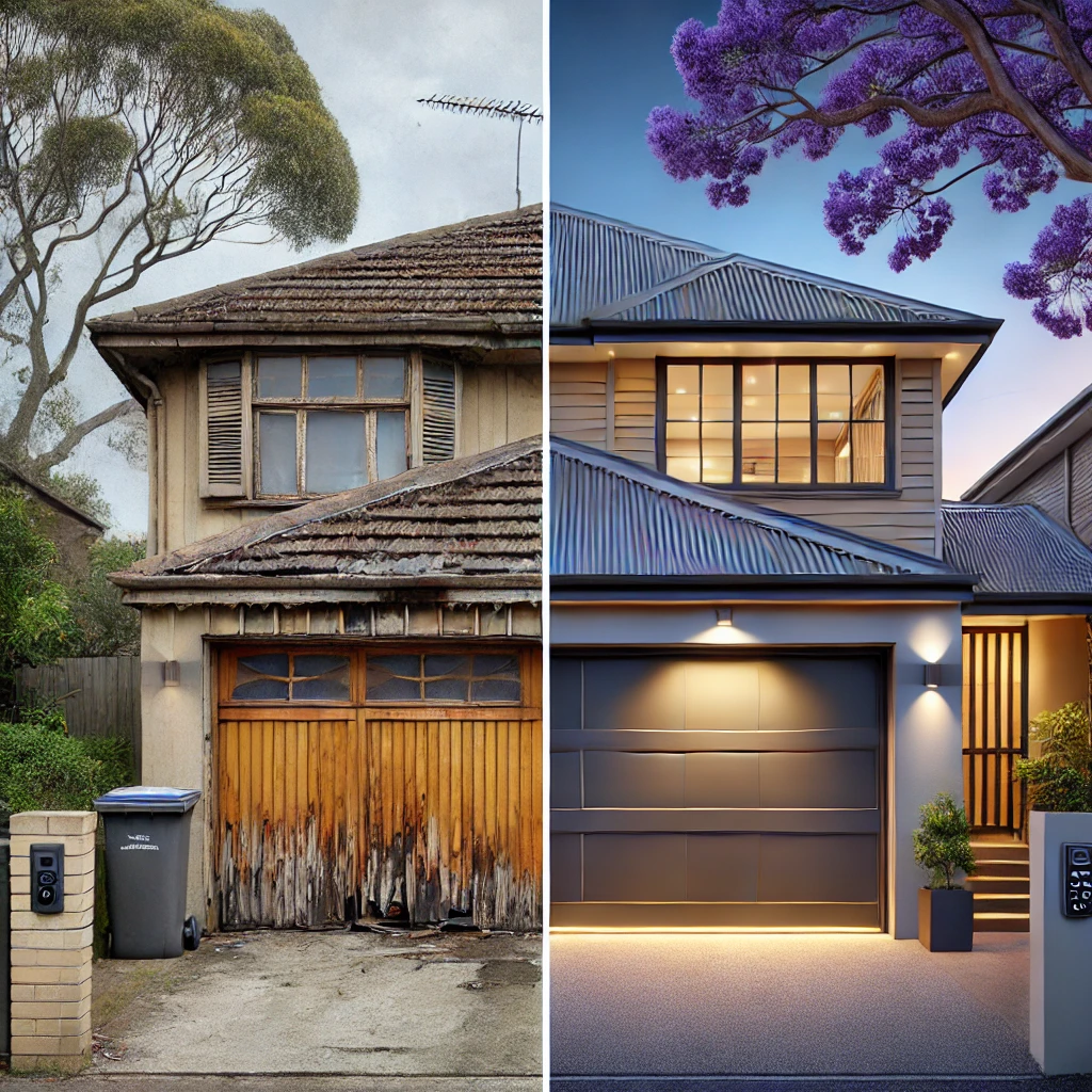 Before-and-after comparison of a weathered timber garage door replaced with a modern grey panel-lift door