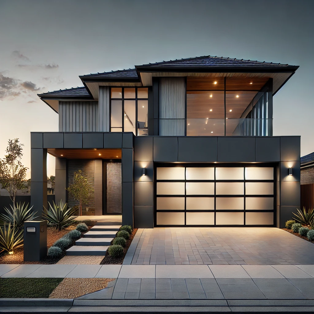 Modern two-story Castle Hill home with a dark grey and white exterior, featuring a sleek double garage door with frosted glass panels, a light-colored stone driveway, and Australian native landscaping under warm golden hour lighting.