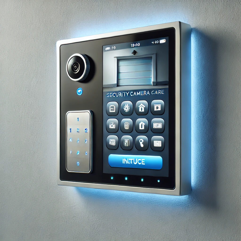 Close-up view of a modern garage door smart control panel with a touchscreen display, showing a security camera feed, smartphone integration icons, and a digital keypad, surrounded by soft blue LED lighting on a clean white wall.