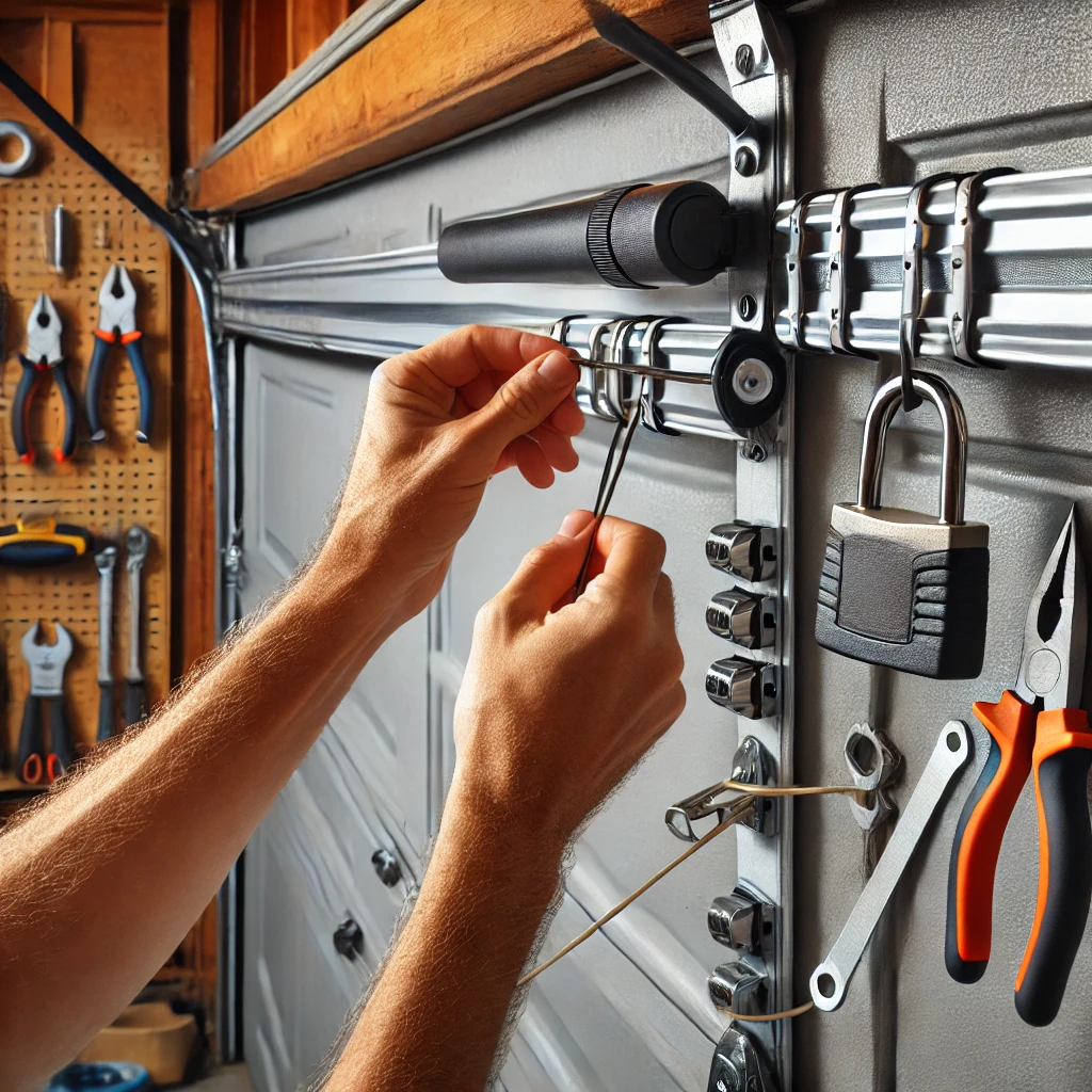 Close-up of hands installing supplementary track locks on a standard garage door and securing an emergency release cord with zip-ties to prevent unauthorized access. The setting is a typical residential garage, with tools and hardware neatly arranged, demonstrating practical home security improvements.