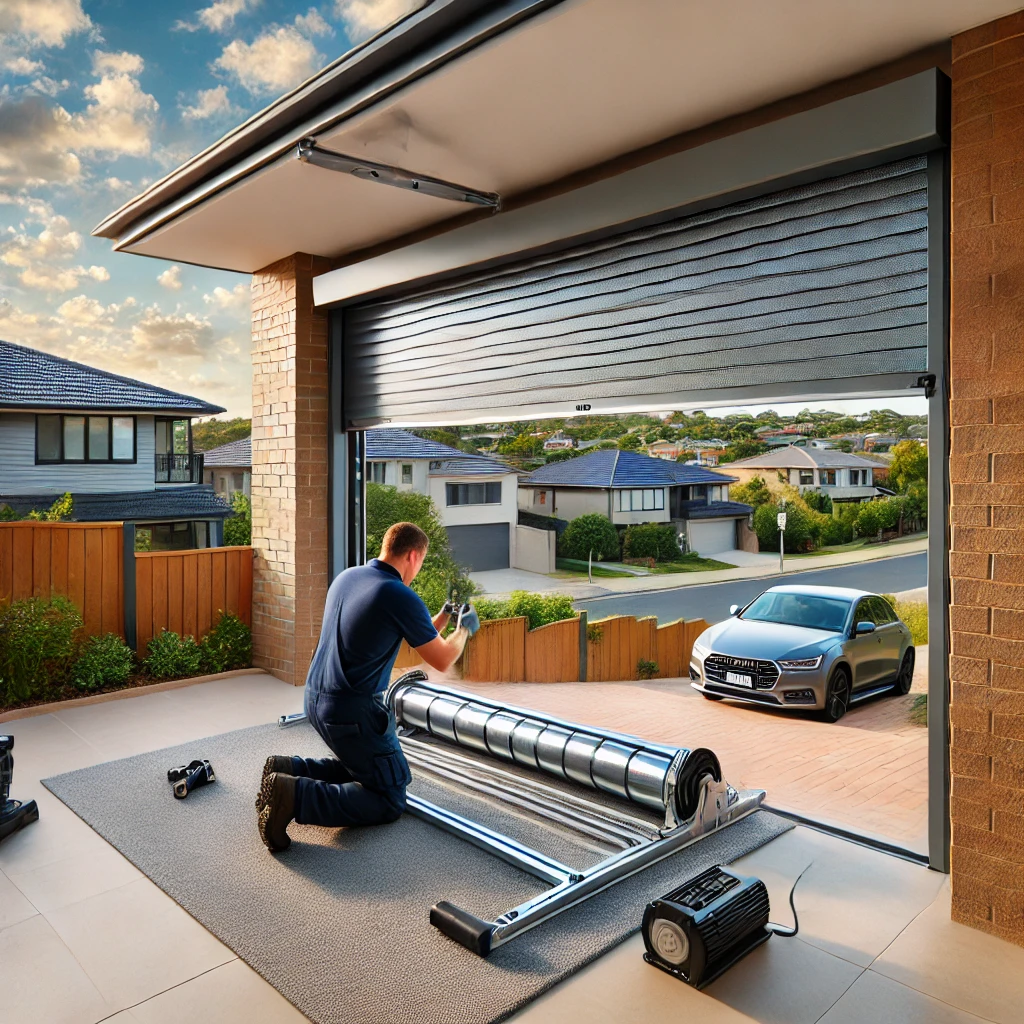 A professional technician installing a secure roller garage door on a modern home in Parramatta. The door features double-skinned construction for durability and a reinforced bottom slat for enhanced security. The background showcases the Western Sydney landscape with suburban homes and greenery. The bright daytime setting highlights the high-quality materials and advanced security features of the garage door.