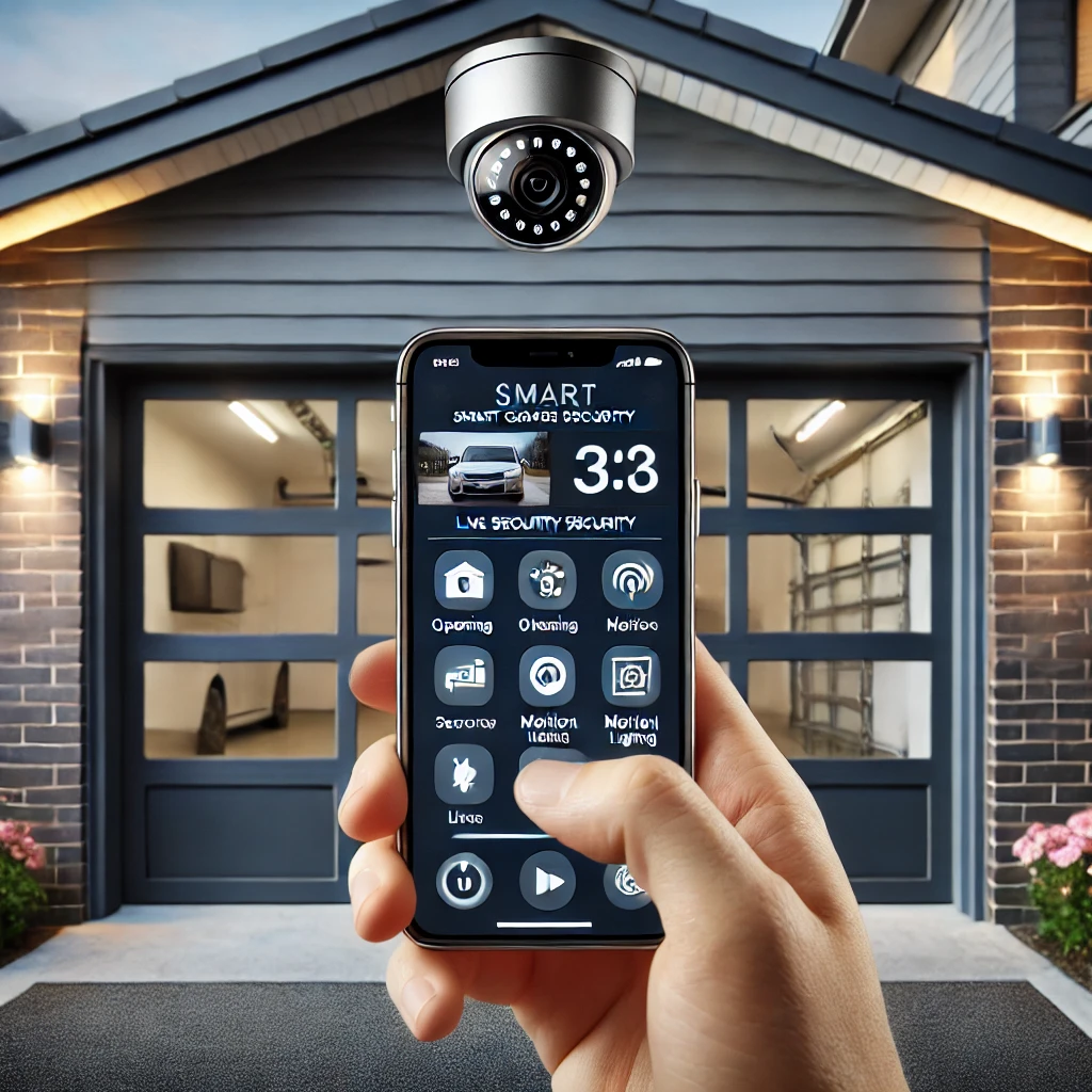 A close-up of smart garage security features in a Parramatta neighborhood, showcasing a smartphone app controlling the garage door, live security camera footage, and motion-activated lighting. A security camera is mounted above the garage, and the motion-activated lights illuminate the entrance, emphasizing advanced home security technology.