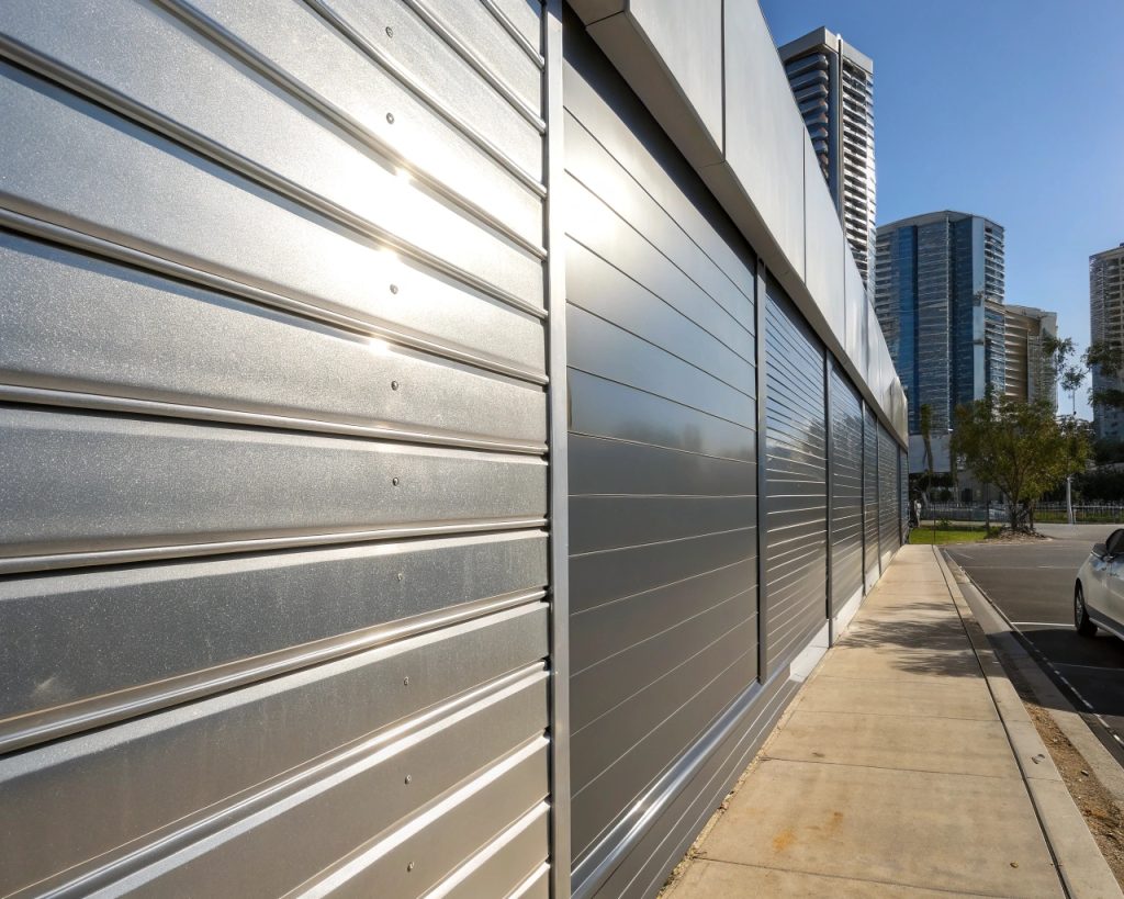 Close-up comparison of steel and aluminum garage door materials under Parramatta sunlight showing texture and heat reflection differences