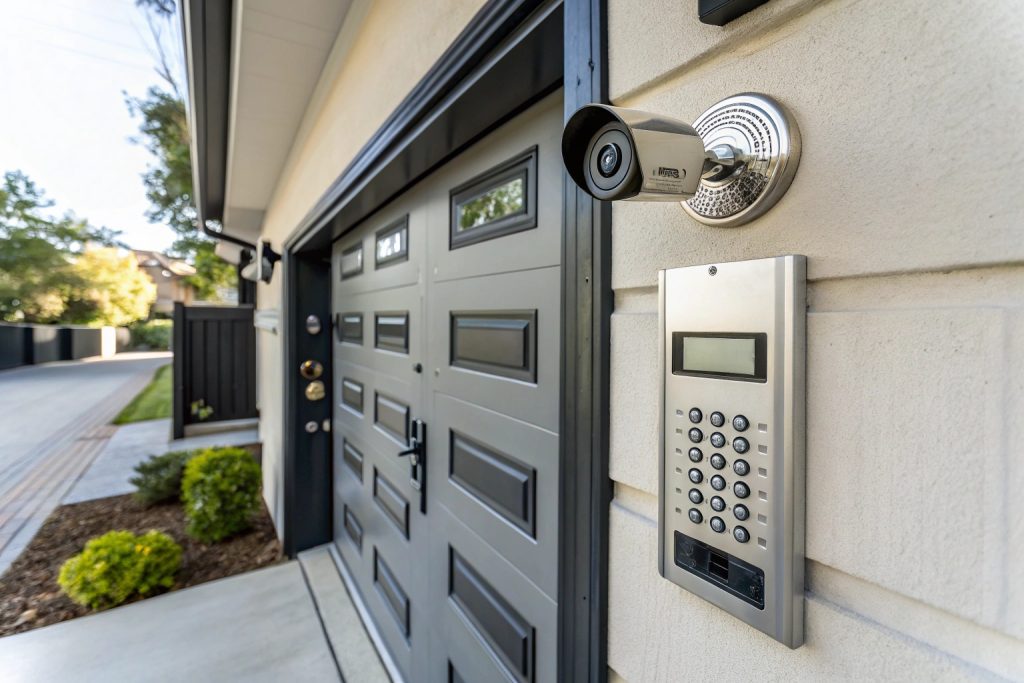 Security camera and keypad intercom mounted beside a dark panel garage door at a home's entry