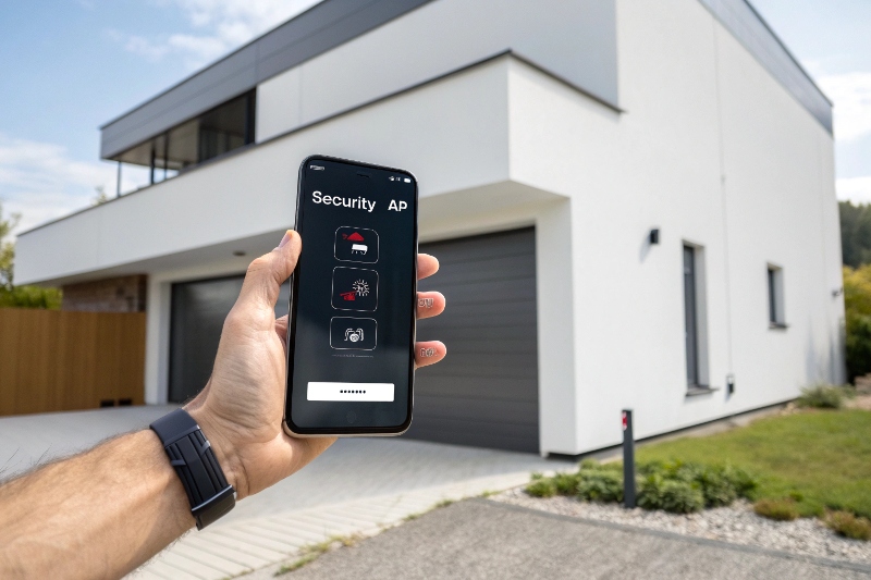 A close up photo of a smartphone displaying smart intergration with a garage door