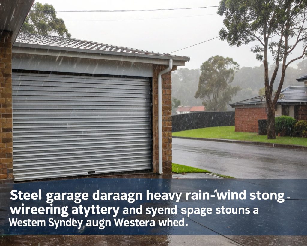 Steel garage door demonstrating excellent weather resistance against heavy rain and wind typical in Western Sydney and Parramatta
