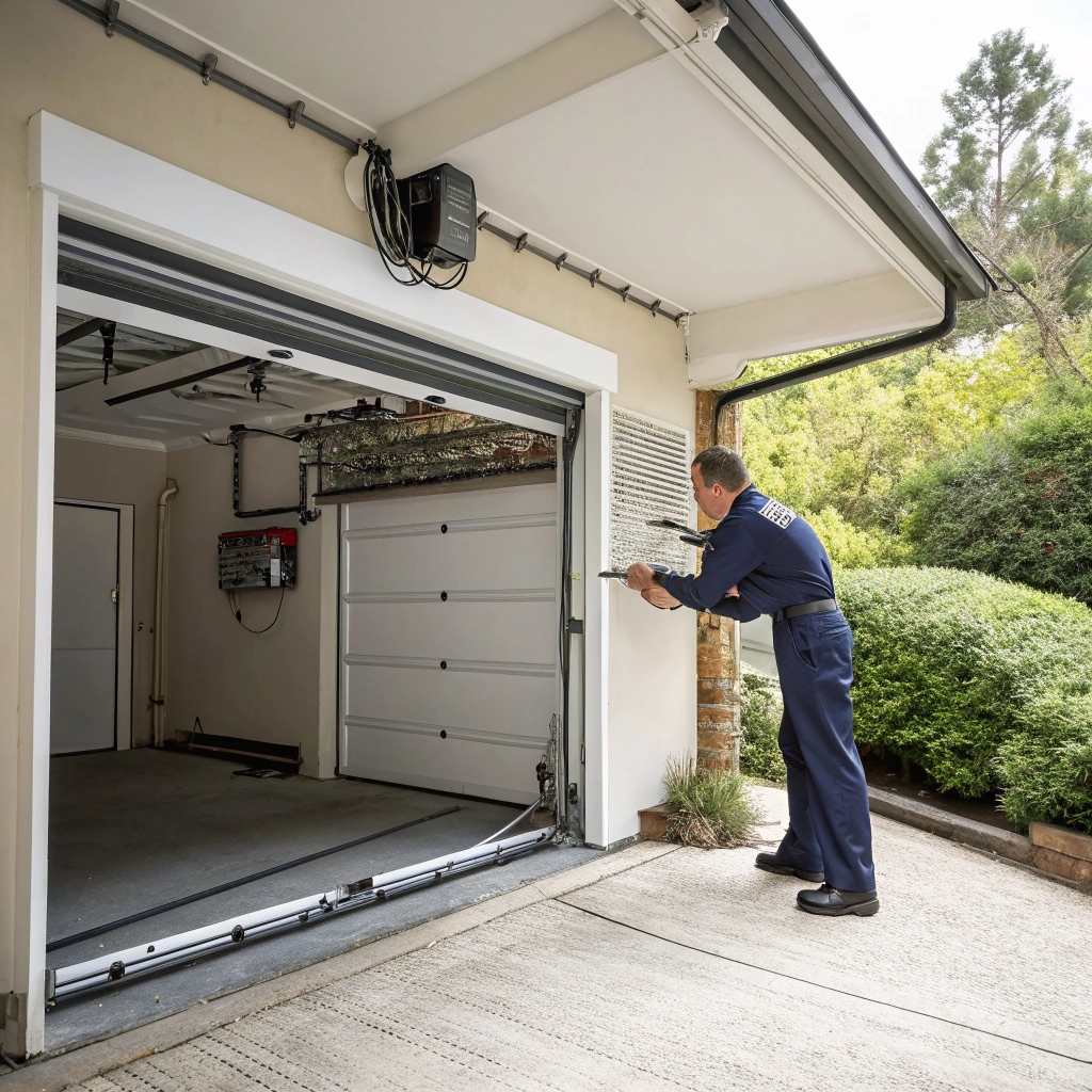 A man checking the cables of a garage door