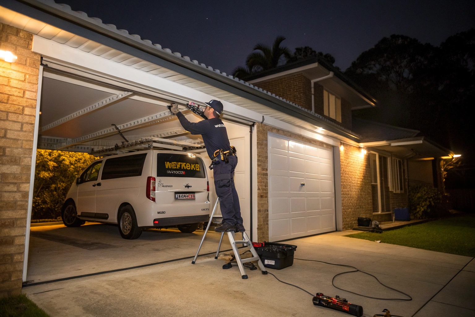A photo of a technician attending to a garage door issue at night