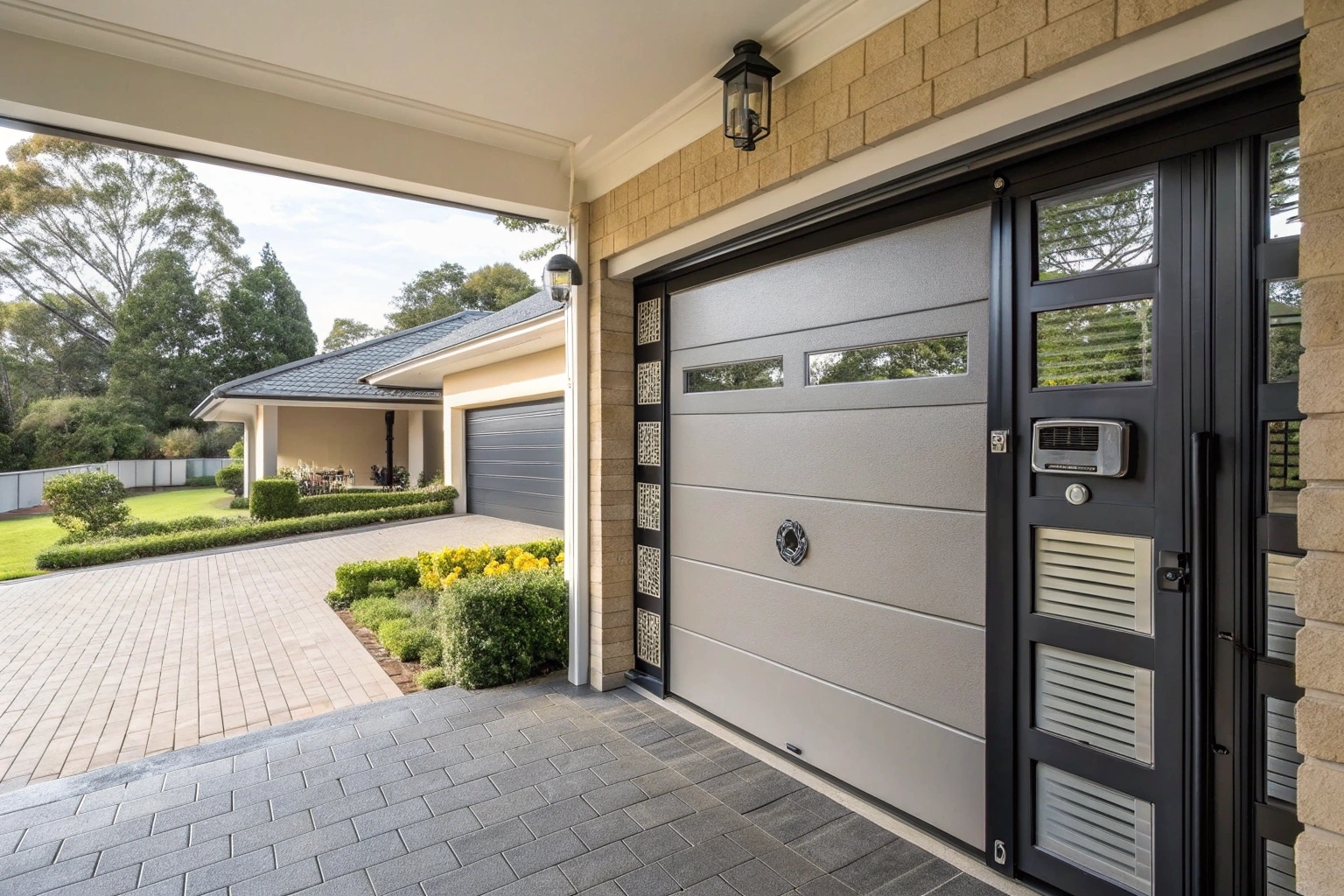A photo of a grey aluminum garage door
