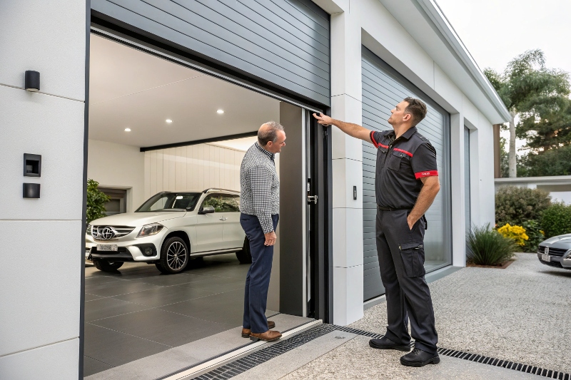 Professional installer demonstrating garage door panel thickness