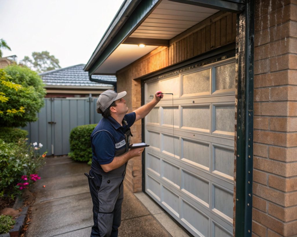 Professional technician inspecting a steel garage door in North Parramatta for rust and weather damage after rainfall