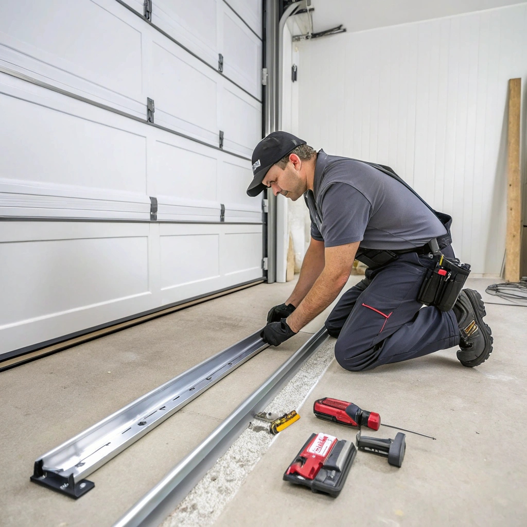 A technician making adjustments for a garage door service