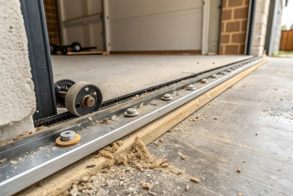 Close-up of a garage door roller and track system at the base of an open garage, dusted with sawdust