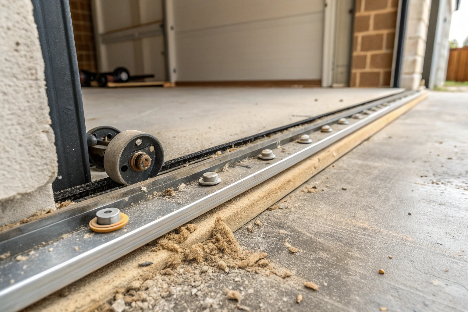A close up image of garage door tracks