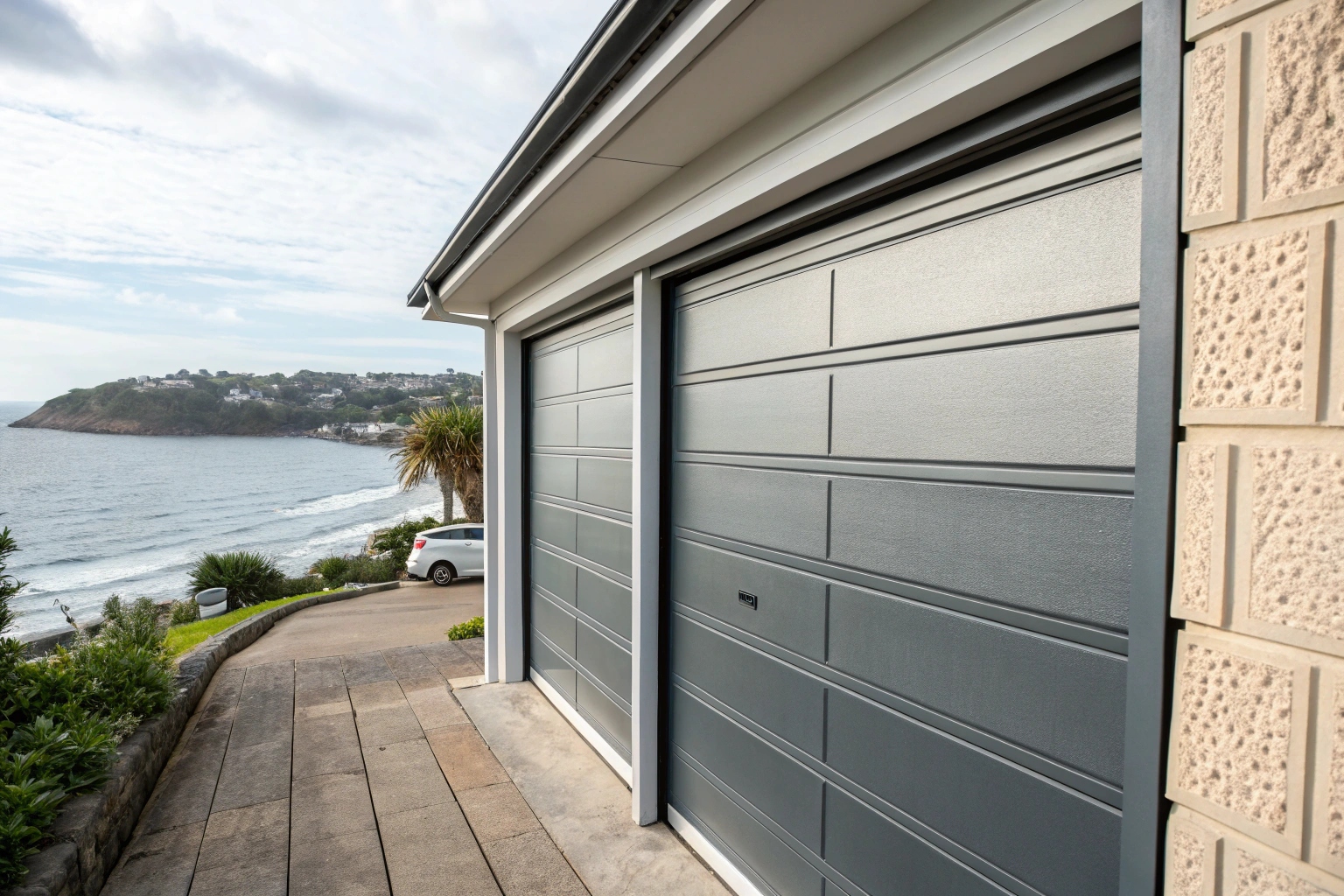 A close up view of a modern garage door