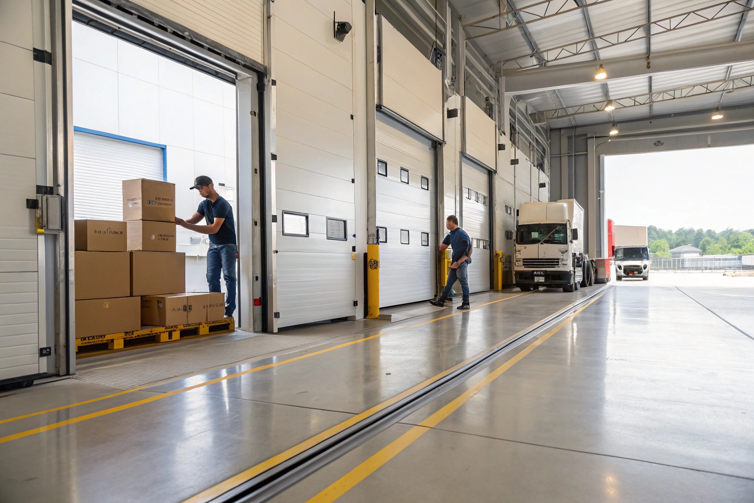 A modern commercial space with garage doors being attended to