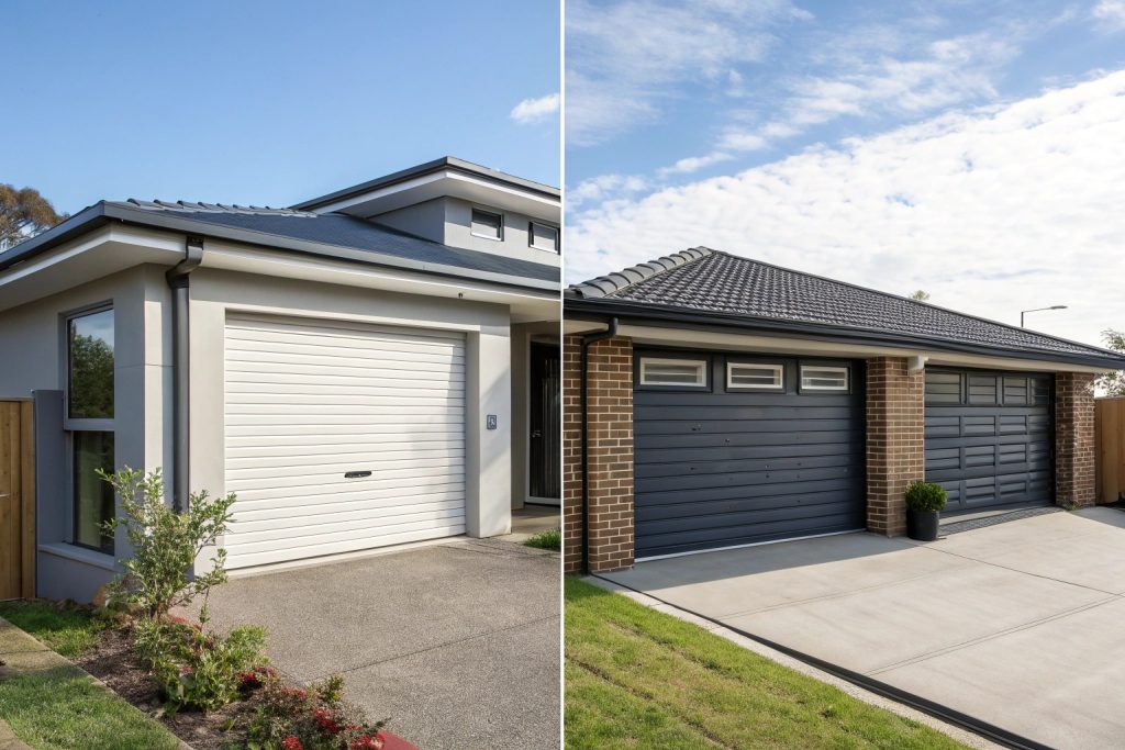 Side-by-side comparison of roller and sectional garage doors installed on modern Sydney homes, showing design and space usage differences