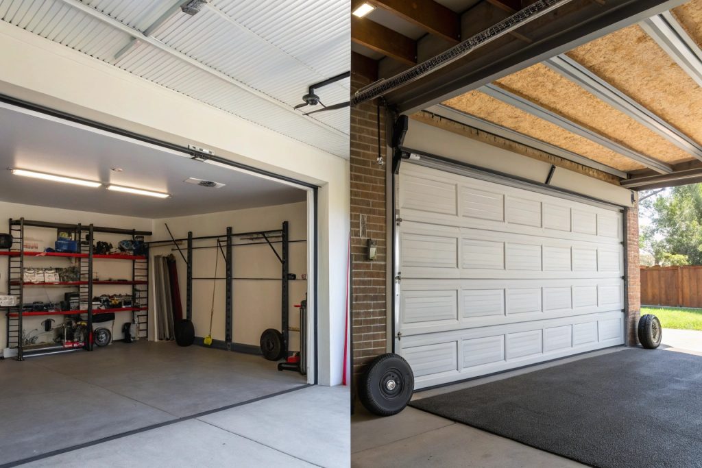 Interior view comparing garage space usage between a roller door and a sectional door, with visible ceiling clearance and gym/storage equipment