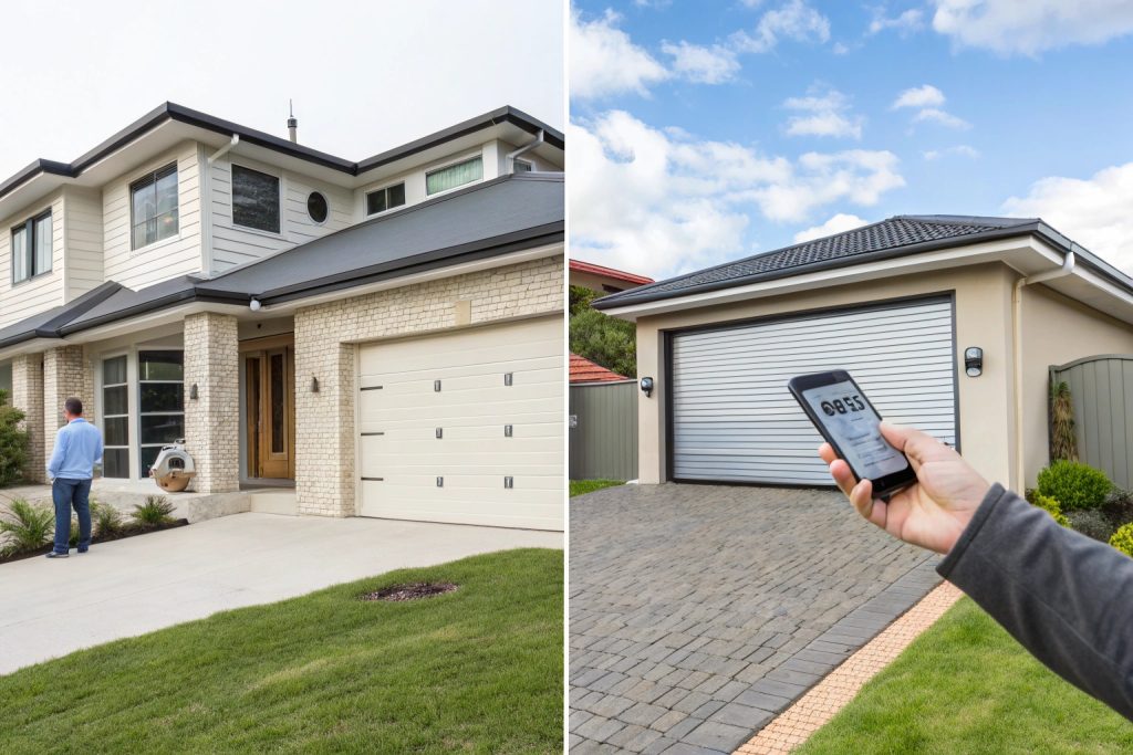 Side-by-side comparison of a premium residential sectional garage door with smart features next to a heavy-duty commercial roller door in Bankstown