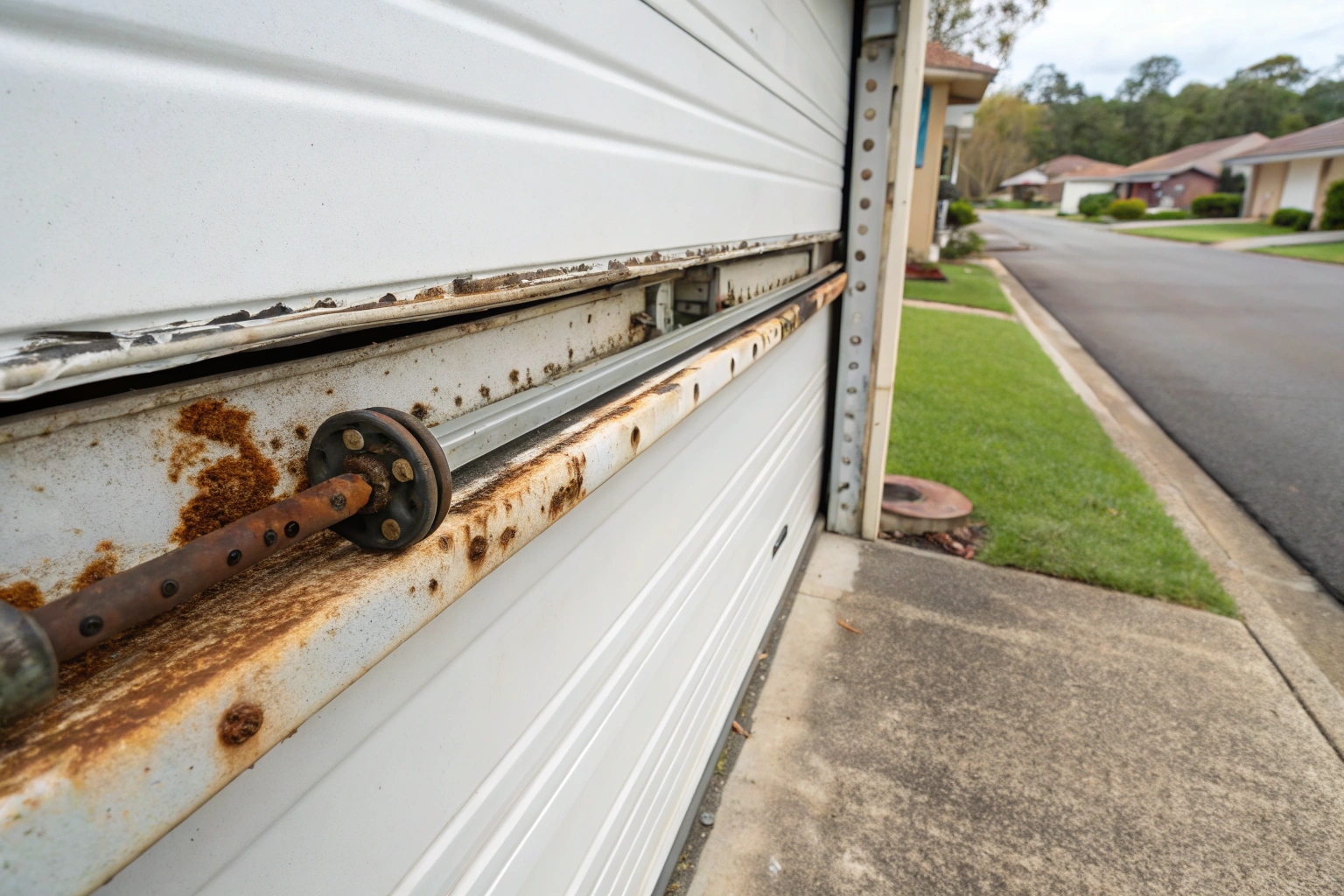 A close up photo of garage door tracks rot
