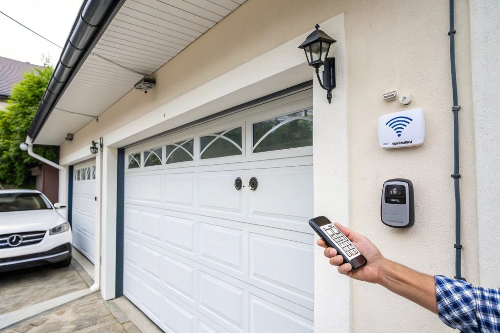A hand with a garage door opener directed towards a garage door in sydney