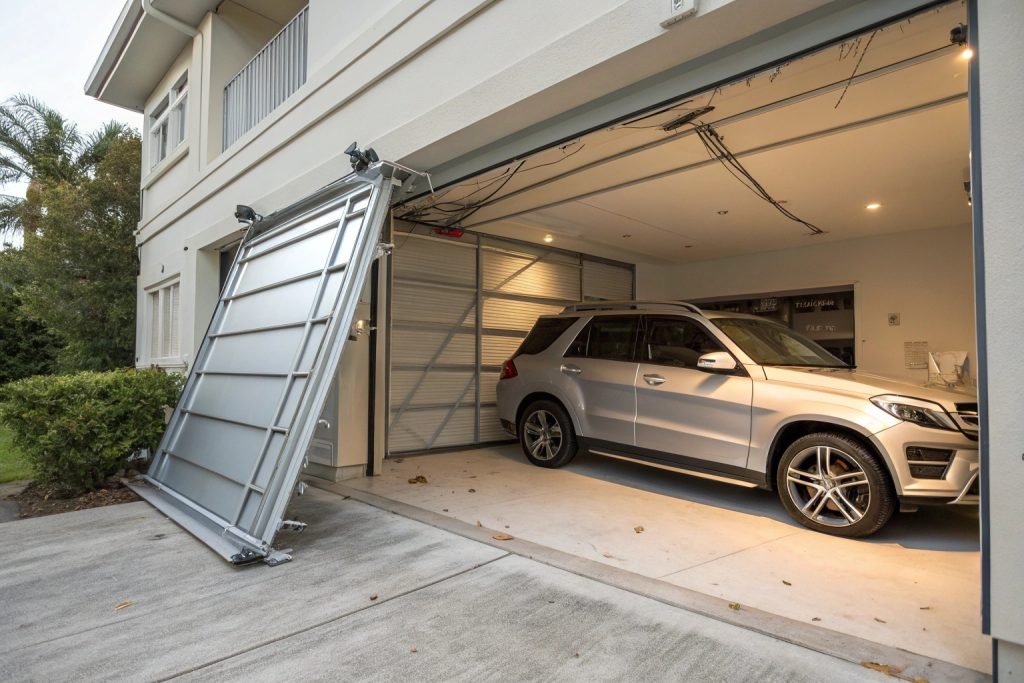 Dangerous broken garage door with damaged tracks and springs requiring professional repairs
