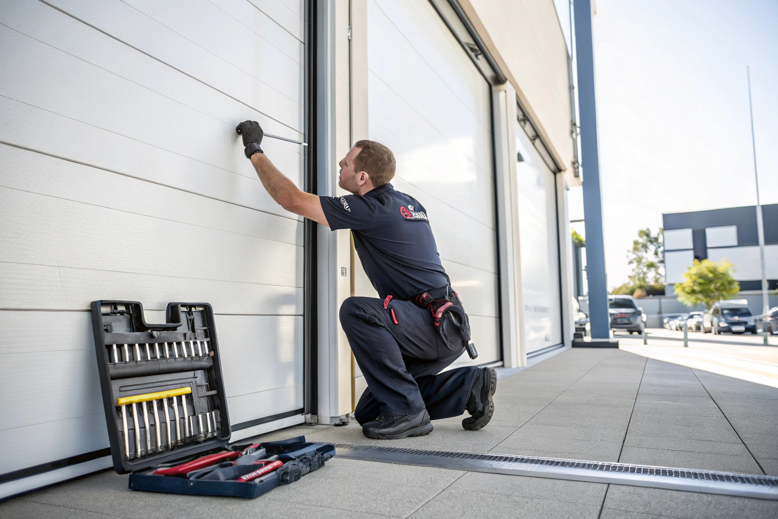 a technician in branded uniform installing a commercial space