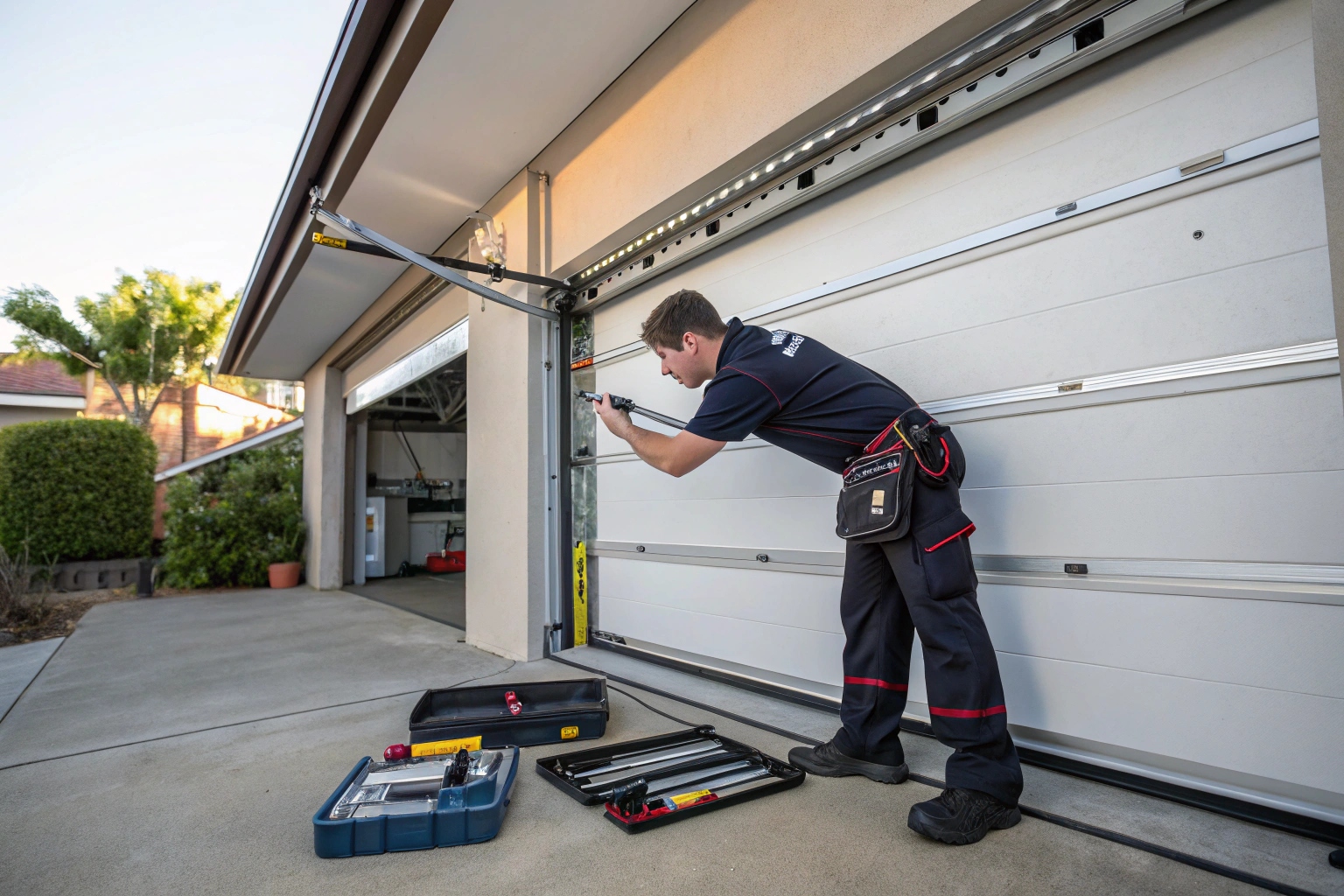 A technician in a uniform doing repairs on a garage door