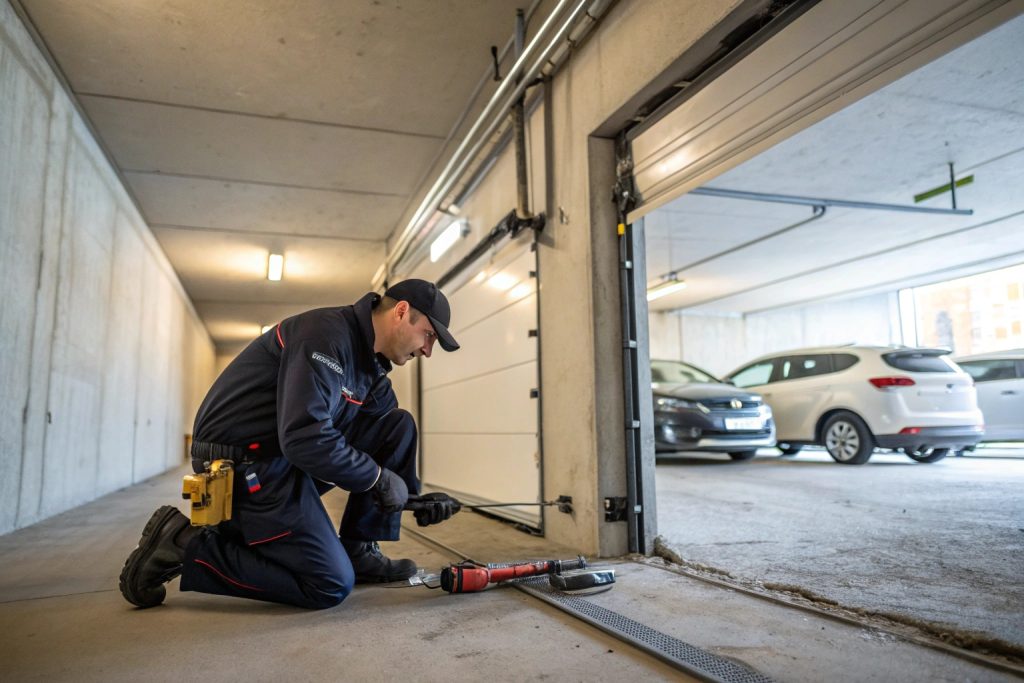 Licensed technician repairing damaged garage door track in strata building underground parking