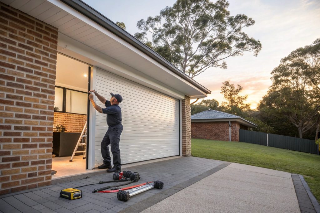 Professional roller door installation in progress at a Western Sydney home