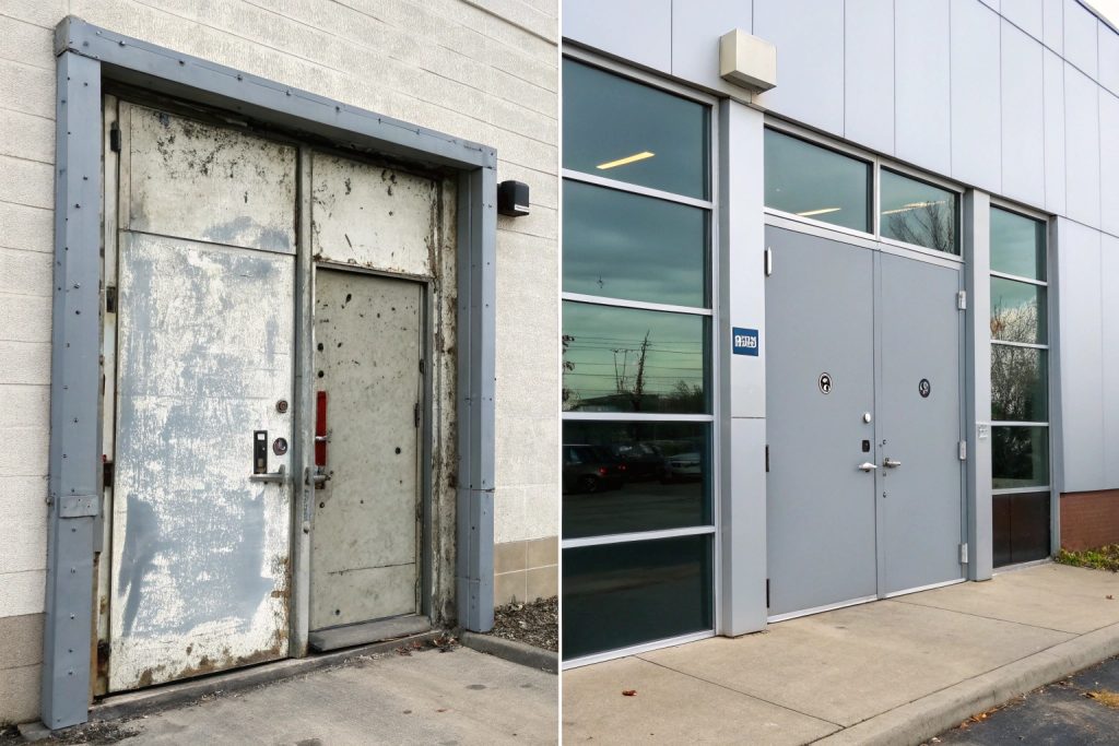Before and after comparison of commercial door replacement showing improved security and appearance