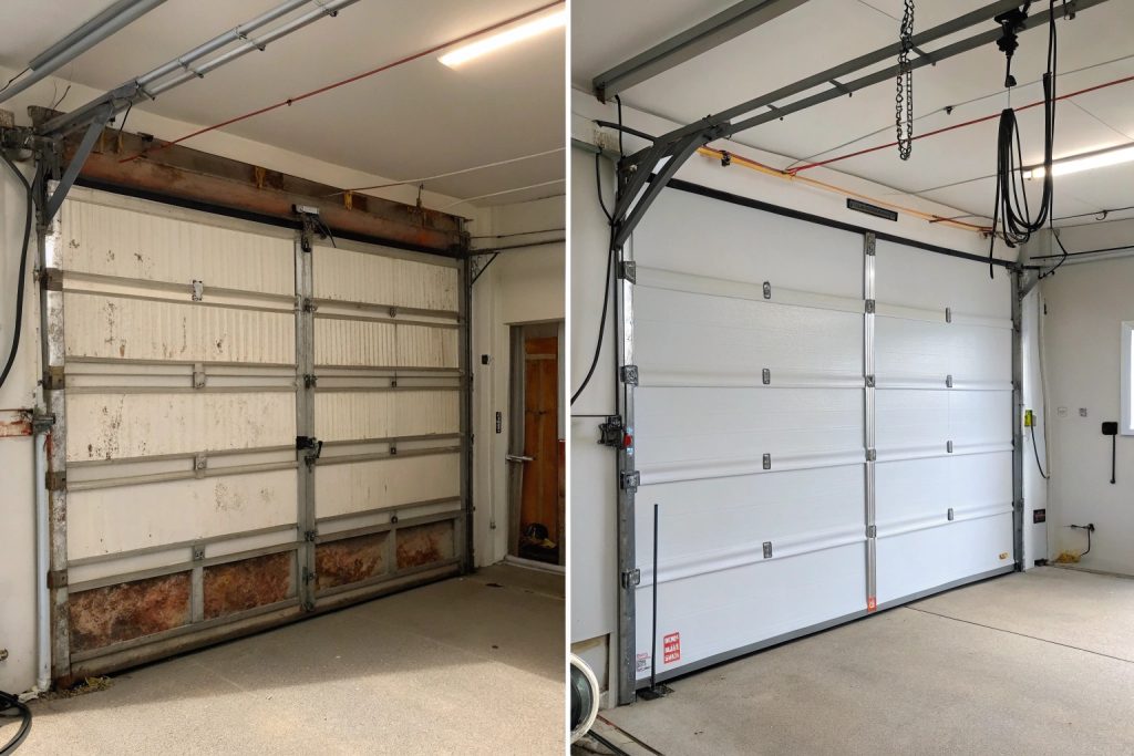 Comparison between well-maintained and neglected garage door components highlighting the importance of preventive maintenance