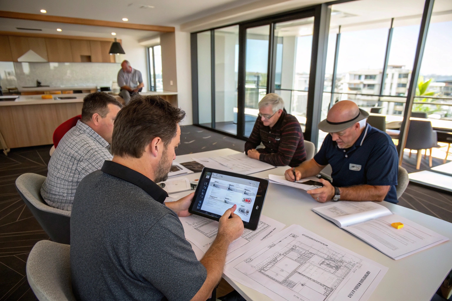 Strata committee meeting with property owners reviewing garage door plans