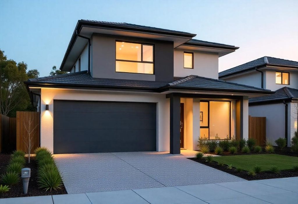 Dark grey panel-lift garage door on a modern two-storey home with landscaped front garden, lit at dusk