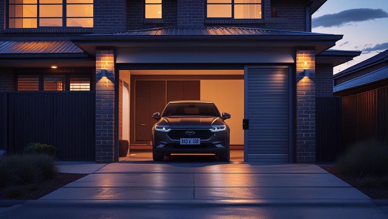 A photo of a night view open garage door open with a car infront of it