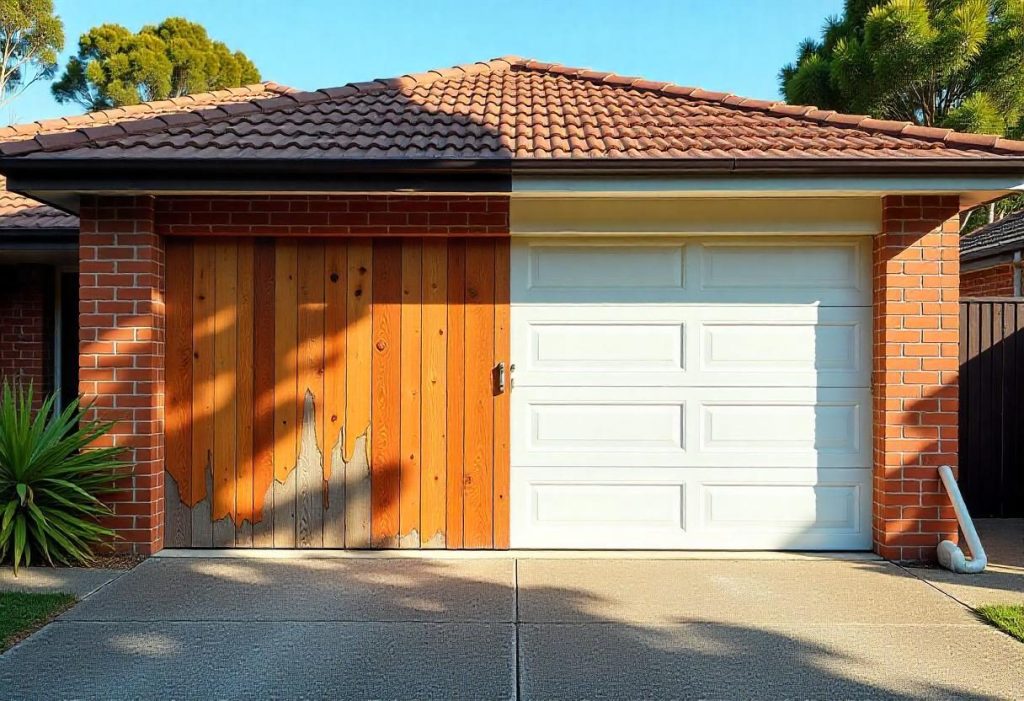 Split-panel garage door showing a weathered timber section beside a new white steel section on a brick home