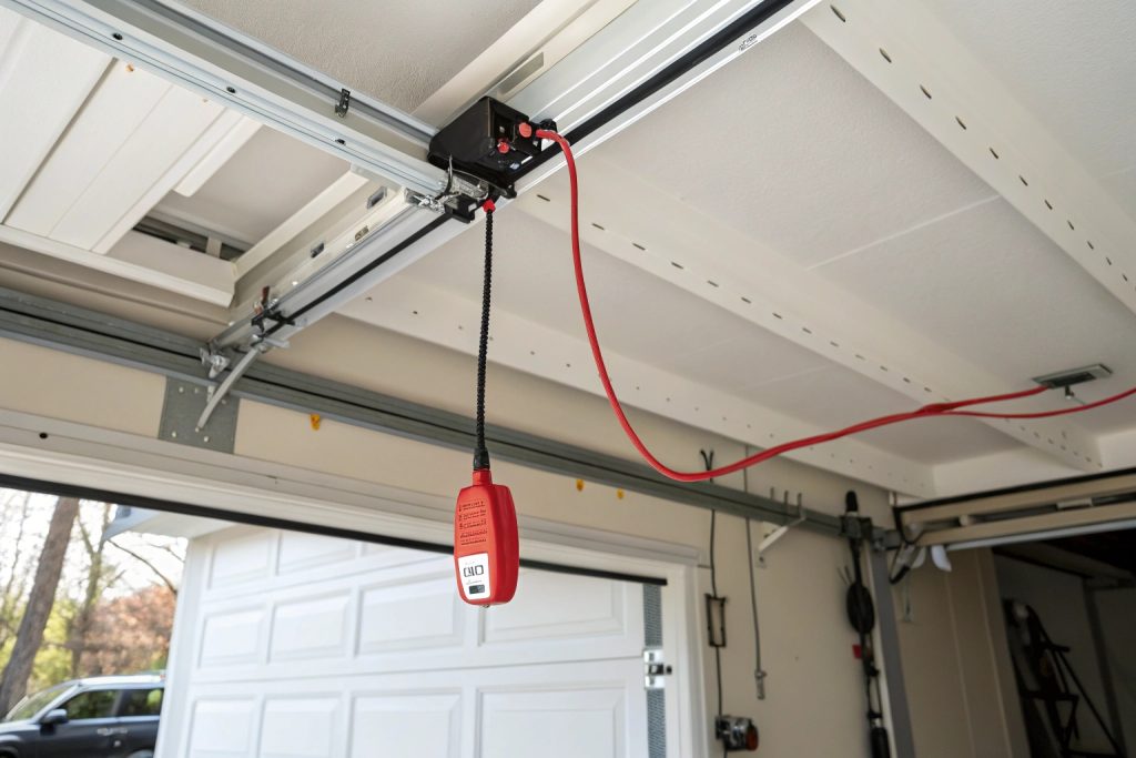 Garage door tracks, springs and cables visible during monthly safety inspection in Liverpool residential garage
