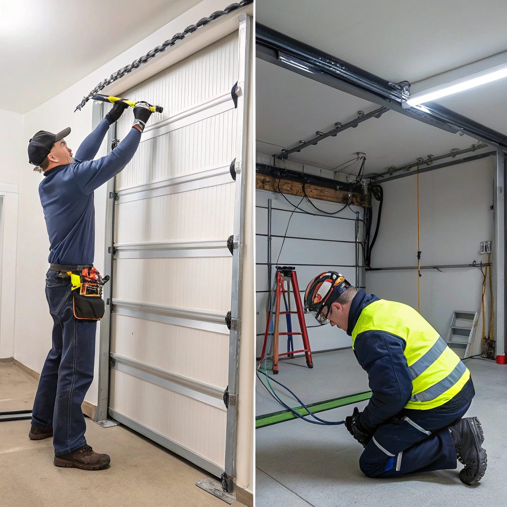 Dangerous DIY garage door spring repair compared to safe professional installation with proper tools and safety equipment