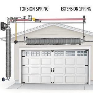 Technical diagram showing torsion and extension garage door spring systems with labeled components