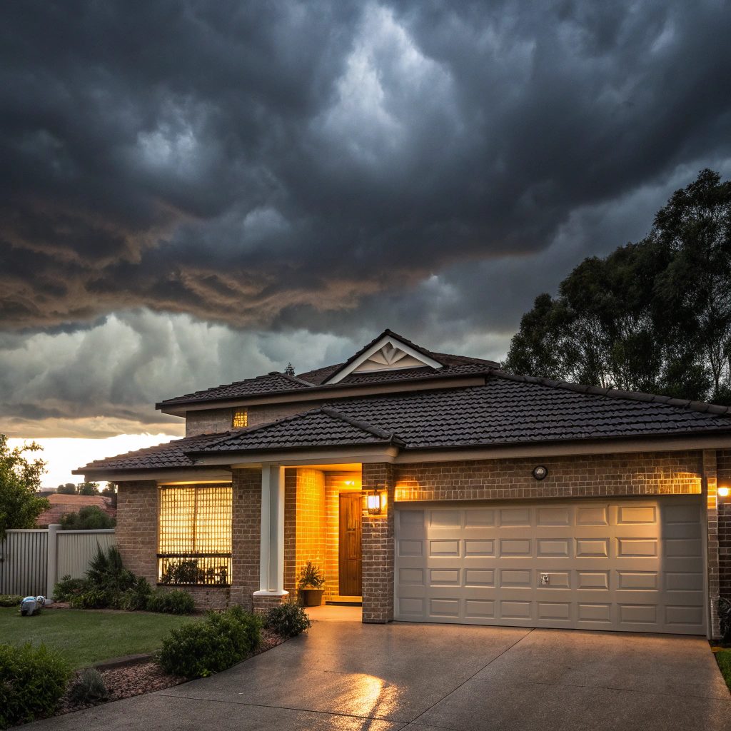 Sydney suburban home with closed garage door during heavy storm showing weather protection and security