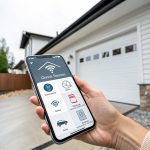 Smartphone displaying garage door opener app with WiFi connectivity and smart home integration features